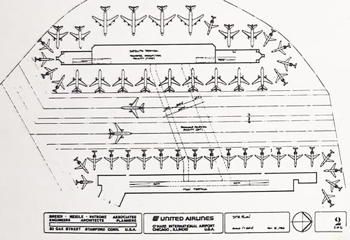 Detailed airport terminal diagram showing aircraft parking and runway layout.