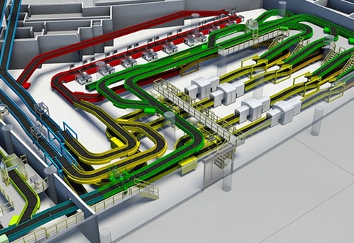 3D model of a complex rail network with multiple colored tracks and platforms