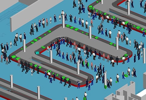 Large crowd of people waiting in lines at an airport or event venue.