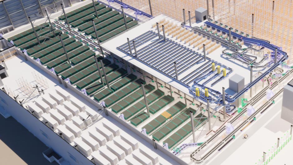 Green and white stadium seating and stage structure.