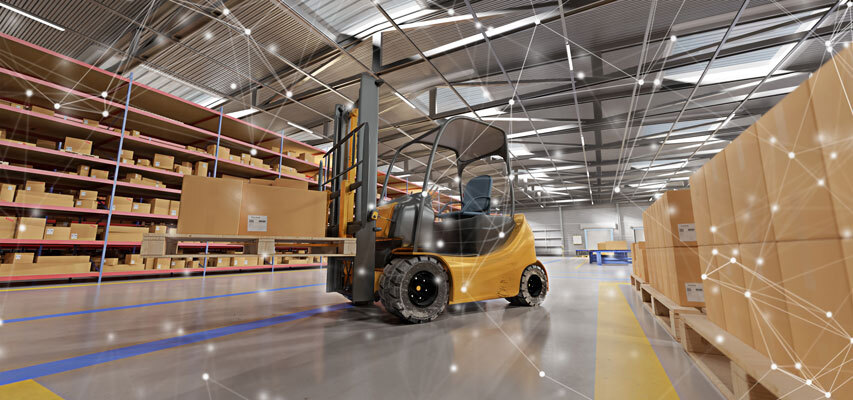 Warehouse interior with shelves, forklift, and connected network symbolism.