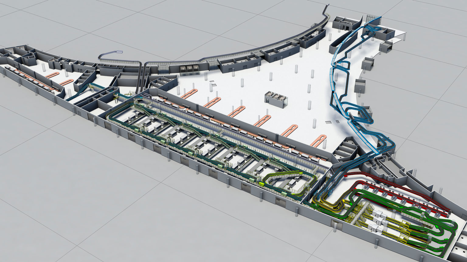 3D architectural rendering of a complex transportation infrastructure with trains, roads, and buildings.