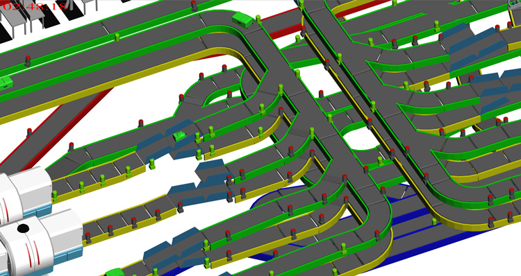 Complex 3D rendering of pipe network with multiple intersecting green, red, and blue pipes.
