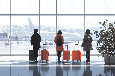 Three people stand with luggage in an airport terminal, gazing out at a snowy landscape through large windows.